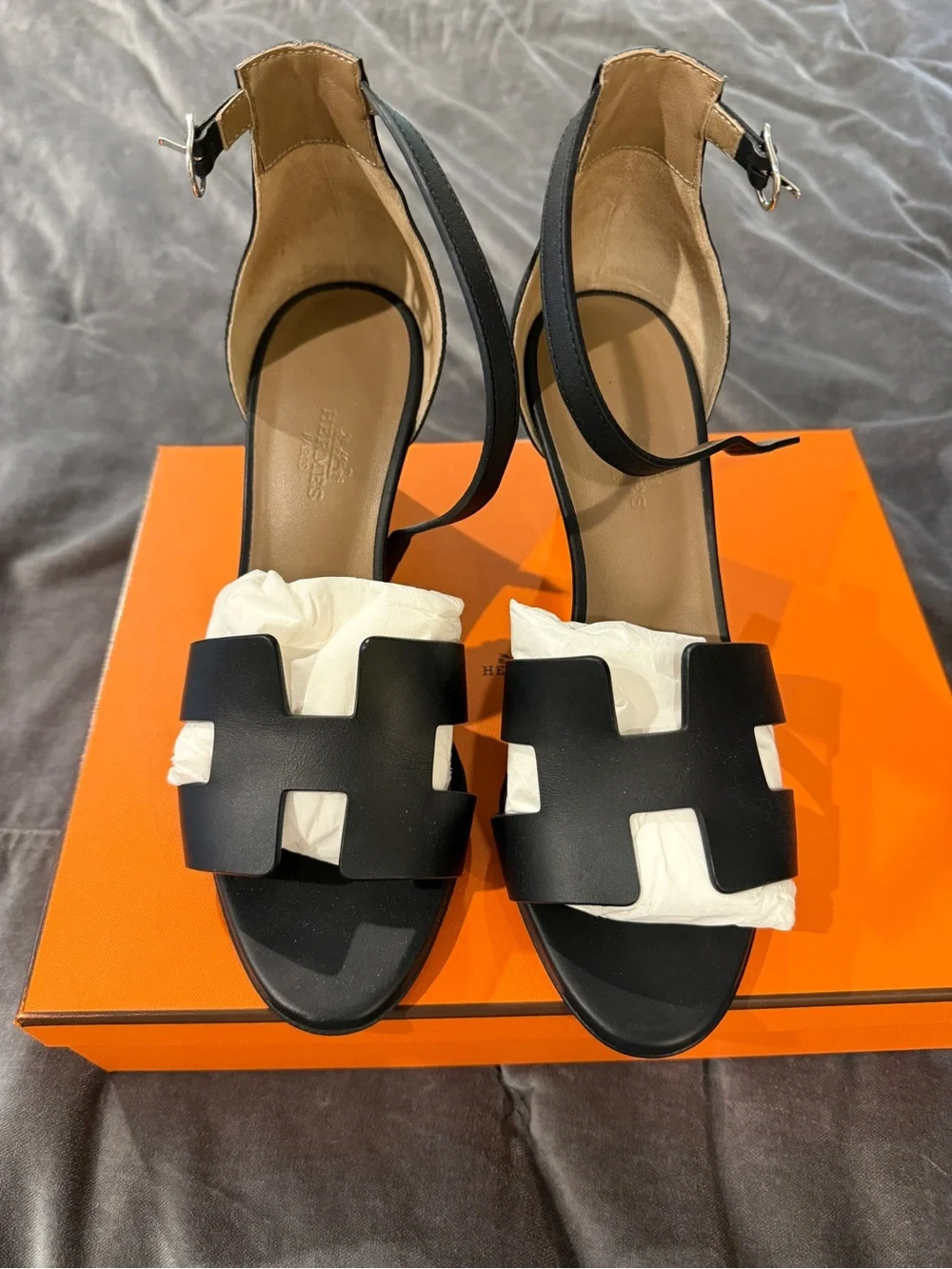 Hermes Legend Black Ankle-Strap Wedge Sandals